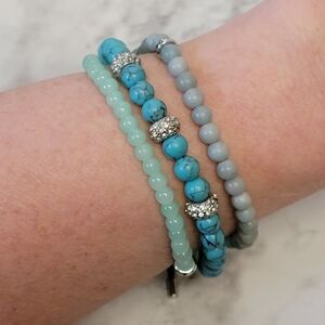 Fossil Multi Strand Bracelet Faux Turquoise Blue Rhinestone Bead Adjustable Pull